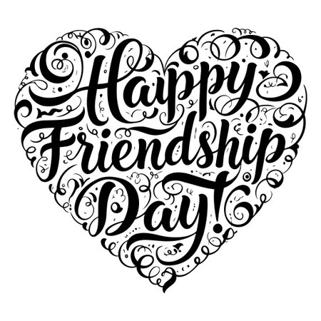 Black decorative script lettering forming a heart shape with swirls. Ideal for greeting cards, posters, or social media posts related to friendship day.のイラスト素材