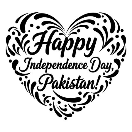 A bold, stylized graphic of Happy Independence Day, Pakistan, in a heart shape; perfect for social media posts, merchandise, or print design.のイラスト素材