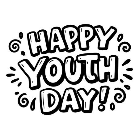 Bold, cartoon-style lettering of Happy Youth Day with embellishments, perfect for social media posts, posters or promotional materials.のイラスト素材