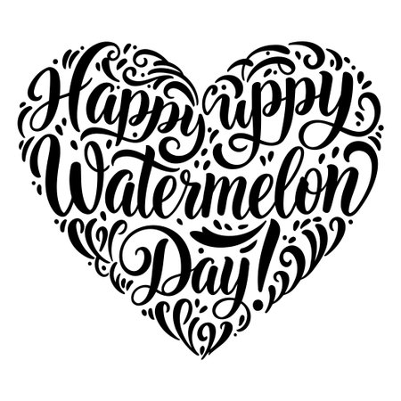 A heart-shaped design displaying the words Happy Watermelon Day in decorative lettering. Ideal for social media posts, website banners, or printed materials relating to watermelon or summer.のイラスト素材