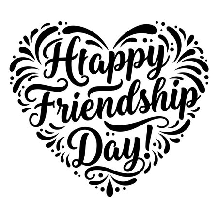 Heart-shaped typography graphic with a decorative border for a Happy Friendship Day theme. Suitable for social media, merchandise, or greeting cards.のイラスト素材