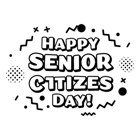 Bold, stylized text graphic of the phrase Happy Senior Citizens Day is set against a white background with a design of various abstract shapes.のイラスト素材