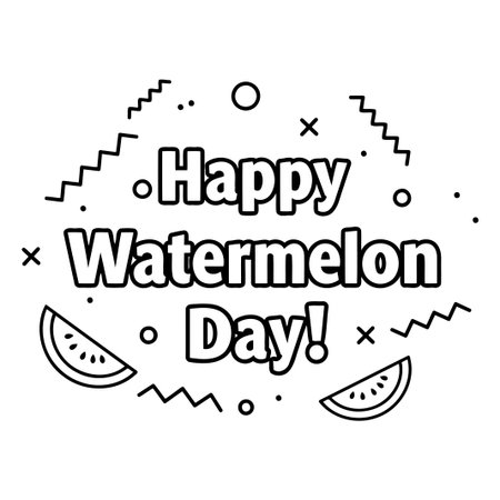 A simple, bold graphic design featuring the words Happy Watermelon Day! outlined in black, alongside stylized watermelon slices and decorative lines.のイラスト素材
