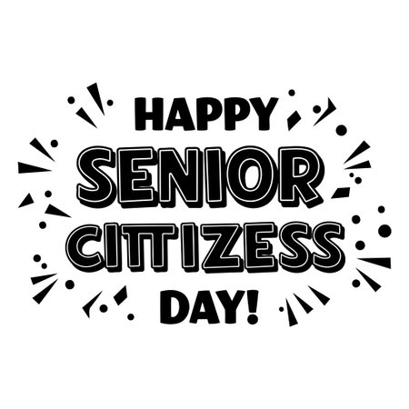 A bold, celebratory graphic design with a focus on the text Happy Senior Citizens Day uses a dynamic typeface style and radiating embellishments on a clean white background.のイラスト素材
