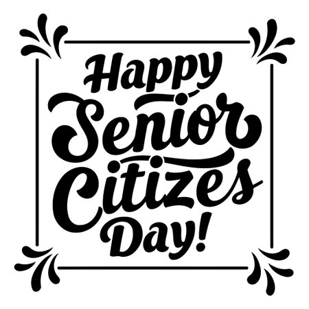Stylish, black and white typography design with decorative flourishes. Suitable for greeting cards, posters, or digital prints for celebrating Senior Citizens Day.のイラスト素材