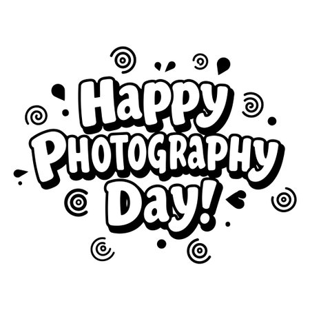 A bold graphic design with the words Happy Photography Day in a playful font, suitable for advertising or social media posts related to photography.のイラスト素材