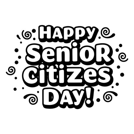 Eye-catching, black and white graphic with a bold typeface that conveys happiness and celebration. Perfect for use in advertising, editorial, and marketing materials.のイラスト素材