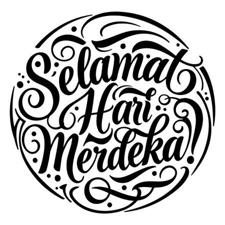 Stylish, bold, and celebratory calligraphic design with a focus on the independence holiday in Malaysia. Suitable for advertising or editorial use related to the country's independence.のイラスト素材