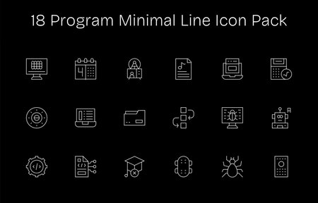 Vector pack with 18 Minimal Line icons inspired by Program, ideal for scalable and creative design work.のイラスト素材