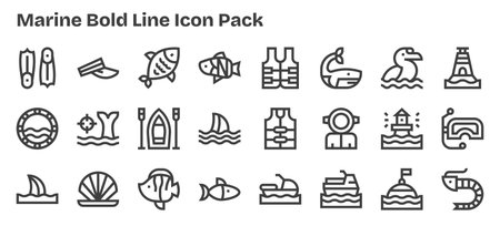 This Marine icon pack includes 24 Bold Outline vectors, perfect for enhancing digital interfaces.のイラスト素材