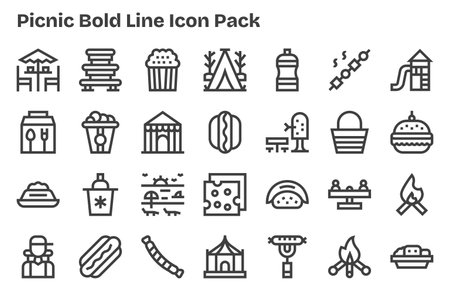 A dynamic set of 28 icons in Extra Bold Line style, tailored for Picnic and suited for digital products.のイラスト素材