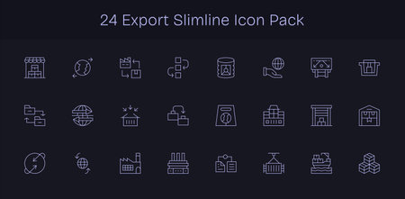 Curated pack of 24 vector icons in Slim Line design, centered around Export concepts.
