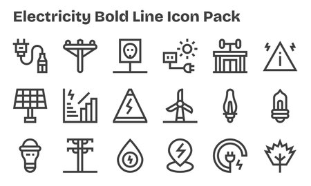 This set of 18 Bold Line icons captures Electricity themes, perfect for tech and business applications.のイラスト素材