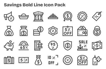 Collection of 28 Extra Bold Line-style vector icons for Savings, designed for clarity and versatility.のイラスト素材