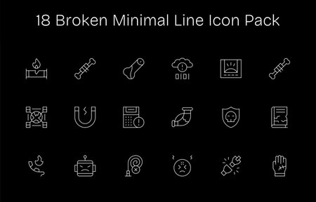 Collection of 18 Minimal Line-style vector icons for Broken, designed for clarity and versatility.