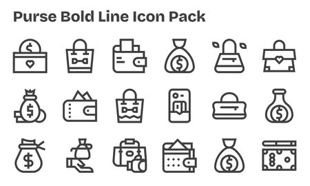 Collection of 18 Bold Line-style vector icons for Purse, designed for clarity and versatility.のイラスト素材