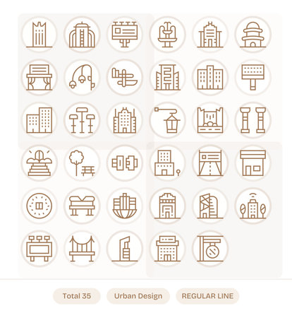 Support cross-platform design with 35 Regular Line icons tied to Urban Design, consistent and flexible.のイラスト素材