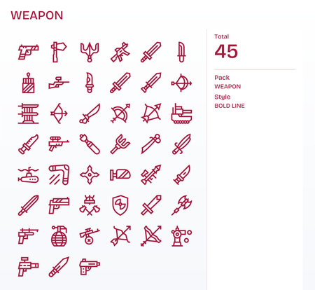 Support cross-platform design with 45 Bold Line icons tied to Weapon, consistent and flexible.のイラスト素材