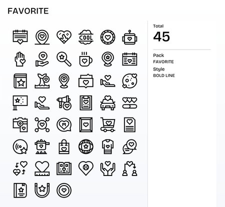 A dependable pack of 45 Bold Line icons aligned to Favorite, built for clarity in UI.のイラスト素材
