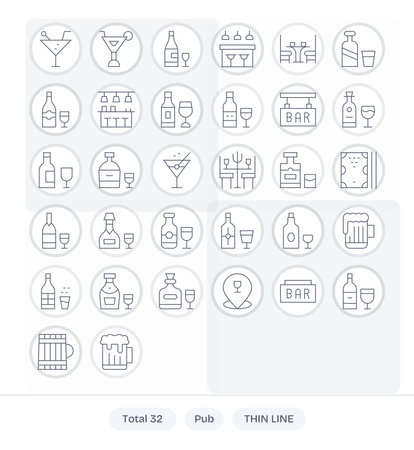 Seamlessly integrate 32 Thin Line icons into Pub projects, optimized for pixel consistency.のイラスト素材