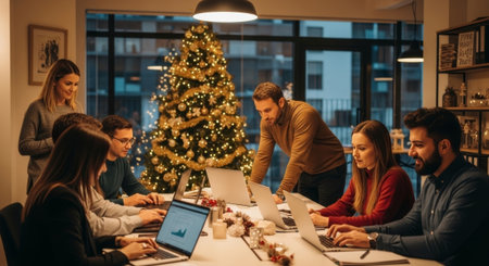 A warm, inviting image depicting a diverse group collaborating on laptops near a decorated Christmas tree, perfect for business or holiday-themed advertising.の素材