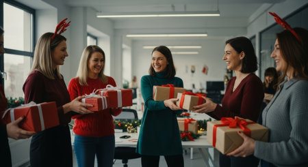 Cheerful office workers are exchanging holiday gifts, creating a warm, festive scene suitable for advertising Christmas, team building, or workplace celebrations.の素材