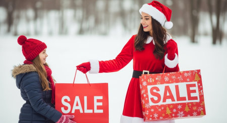 A woman dressed as Santa and a young girl carry sale shopping bags in a snowy environment, ideal for holiday sales advertising and editorial content.の素材