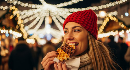 A cheerful young woman enjoying a waffle at a Christmas market, with warm lighting and a cozy winter style suitable for advertising campaigns.の素材