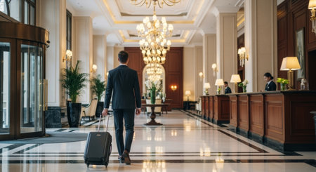 A well-dressed man walks away with a suitcase through a grand hotel lobby, highlighting elegance and travel, perfect for luxury, business, and hospitality advertising.の素材