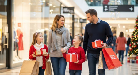A family is depicted walking through a brightly lit shopping mall with gifts and shopping bags, with a festive Christmas tree in the background, making it ideal for advertising holiday promotions.の素材