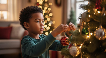 A young African American boy decorates a festive Christmas tree, featuring a warm, inviting, and cheerful style suitable for holiday advertising.の素材