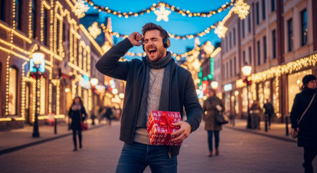 A joyful man wearing headphones, a scarf, and holding a gift box is shown singing on a holiday-lit street, useful for promotional materials and festive advertising.の素材