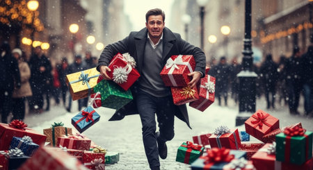 The image depicts a man overwhelmed by presents, running through a snowy street, capturing the hectic nature of holiday shopping, suitable for advertising.の素材