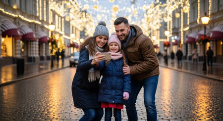 A happy family in winter attire takes a selfie on a city street adorned with holiday lights, a warm and inviting scene for advertising and editorial use. It captures the joy of the season.の素材
