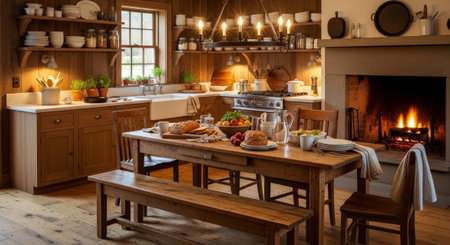 A warm, inviting kitchen interior shot with rustic wooden furniture, a lit fireplace, and a table set with food, perfect for lifestyle and advertising use.の素材
