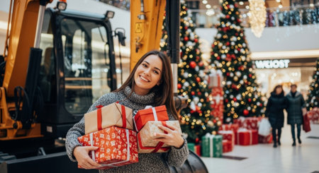 A joyful young woman smiles brightly while holding Christmas gifts in a festive shopping mall, ideal for seasonal advertising and editorial use.の素材