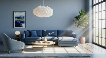 This image showcases a stylish modern living room with a blue sectional sofa, artwork, and natural light streaming through a large window, great for home design advertising.の素材