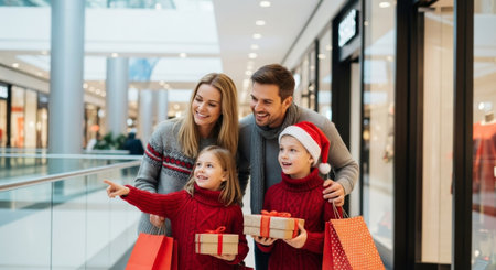 A happy family with gifts and bags enjoying Christmas shopping at the mall, perfect for holiday-themed advertising campaigns or editorial use.の素材