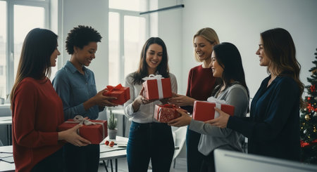 A group of female colleagues is celebrating with gift-giving in a bright, modern office space, perfect for holiday-themed advertising campaigns or editorial use.の素材