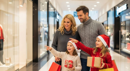 A cheerful family of four in a mall, dressed for Christmas, points at store displays, perfect for holiday advertising and lifestyle content.の素材