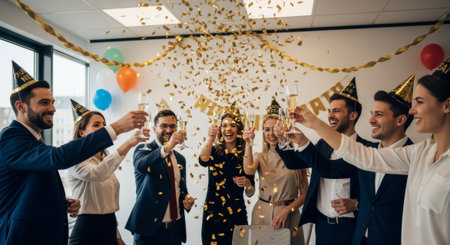 Group of office workers toasting with champagne during a celebration with gold confetti, offering a joyful and festive mood suitable for advertising.の素材