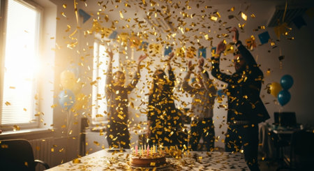 The image shows a celebratory office birthday party with gold confetti, cake, and balloons, suitable for advertising a positive work environment or celebrating success.の素材