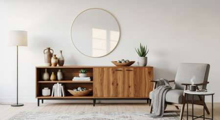 This image presents a beautifully decorated, modern living room showcasing stylish furniture and decorative elements; perfect for lifestyle advertising or editorial use.の素材