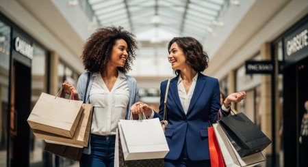 Two smiling women in stylish attire are walking through a shopping mall with bags, perfect for lifestyle, fashion, or shopping-related content.の素材