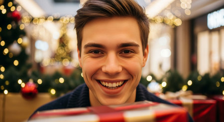 A close-up shot of a young man smiling with a gift in a Christmas themed store, perfect for holiday-themed advertising, greeting cards, or editorial content.の素材