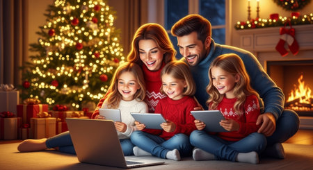 A family is joyfully gathered around a laptop and tablets on the floor by a Christmas tree and fireplace, perfect for advertising or editorial content.の素材