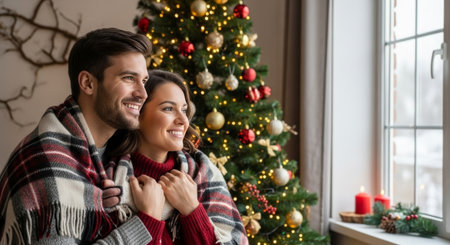 Warm, intimate shot of a smiling couple wrapped in a blanket near a Christmas tree, ideal for holiday advertising and heartwarming editorial content.の素材