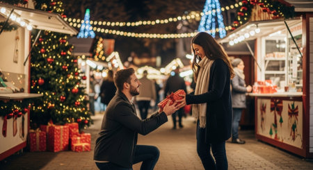 A man proposes to a woman with a gift at a Christmas market, featuring warm tones and soft lighting, suitable for holiday advertising and romantic editorials.の素材