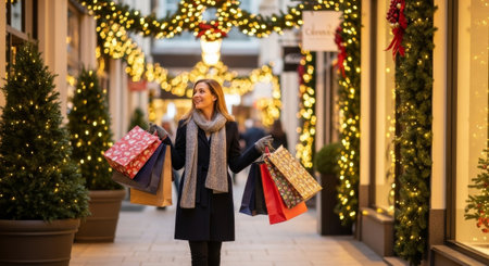 A woman smiles while carrying shopping bags, walking down a festive, decorated street, ideal for retail, holiday advertising, and seasonal editorial content.の素材