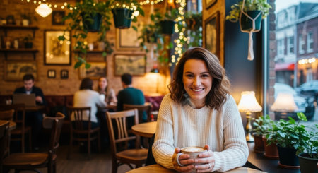 A cheerful woman in a cafe with a latte, showing cozy ambiance, suitable for lifestyle and advertising related to coffee culture and leisure.の素材